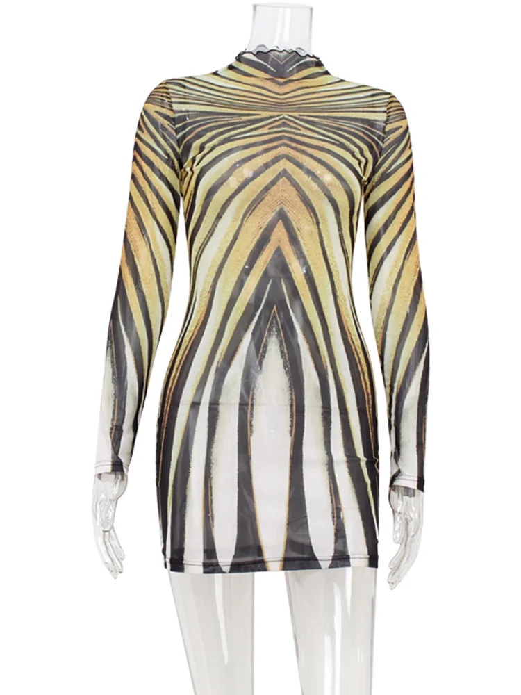 Ahagaga Sexy Club Mini abiti da donna Stampa Dolcevita Regular Maniche lunghe Guaina Sheer Slim Fit Causale Streetwear Abiti