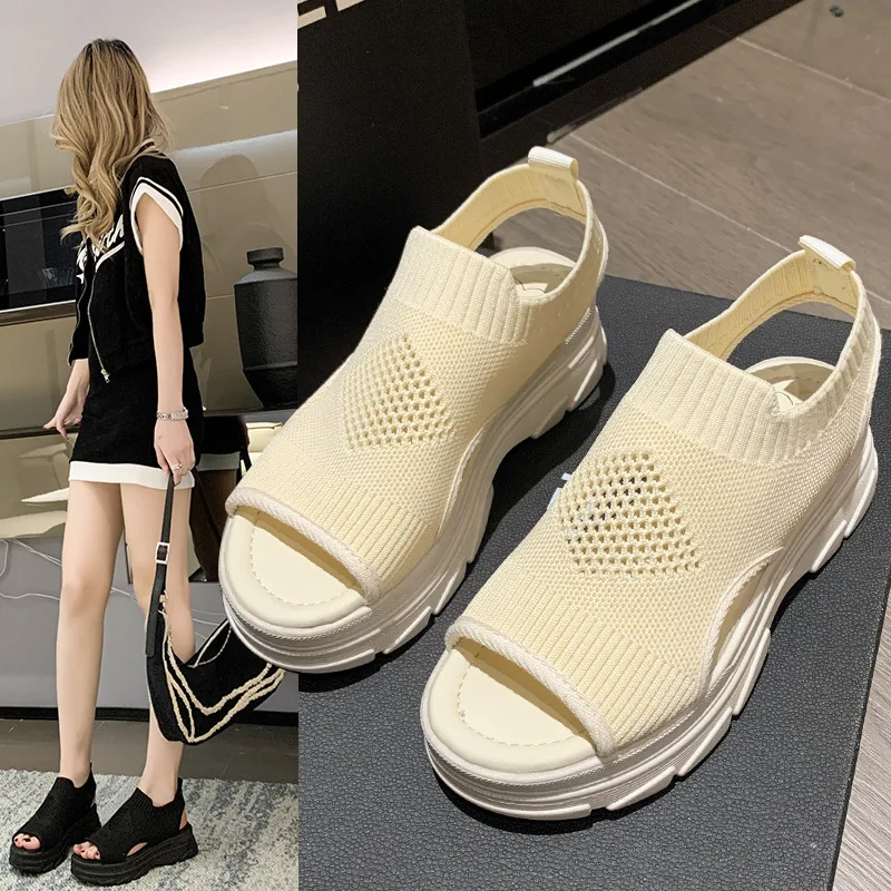 

New Flying Woven Thick Bottom Open-toe Muffin Bottom Wearing Sandals Women's Foreign Trade Agency Hair