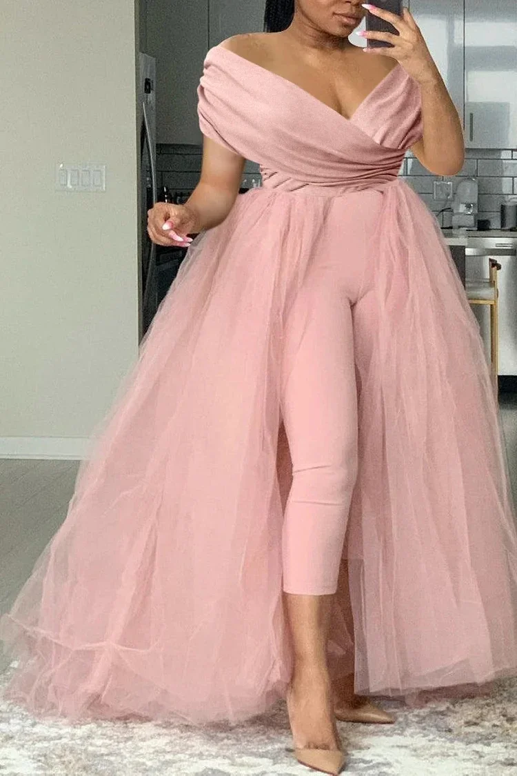 Plus Size Formal Casual One Piece Outfit Pink Solid Off The Shoulder V Neck Tulle Jumpsuit ELegant (With Tulle Skirts)