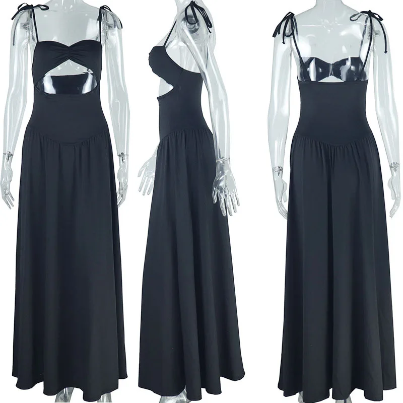 Sexy Spaghetti Strap sin tirantes A-line Vestidos de fiesta mujer sin mangas recortado plisado cumpleaños Club noche Maxi vestido Vestidos