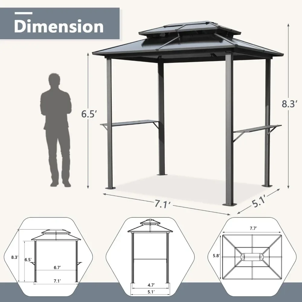 Grill Gazebo 8 x 6 FT, Outdoor Barbecue Gazebo with Double Polycarbonate Panel Roof, BBQ Gazebo with Shelves for Patio, Lawn