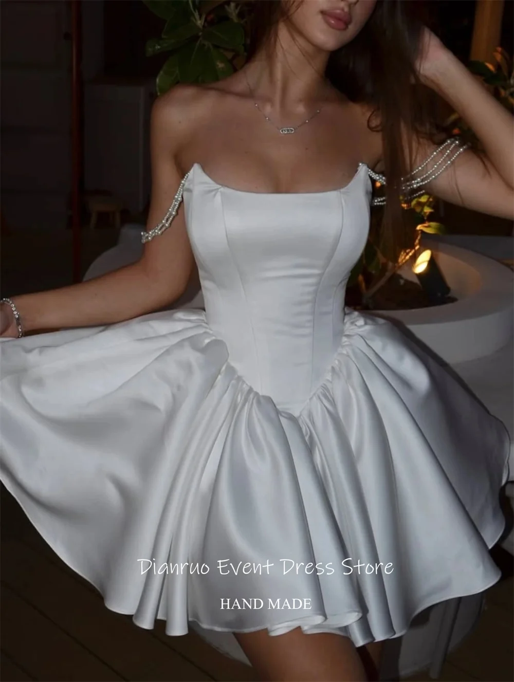 Dianruo Puffy Pearl Straps Satin Prom Dresses Luxury A Line Cocktail Dress Pleated Hem Strapless Homecoming Dresses Customized image 3