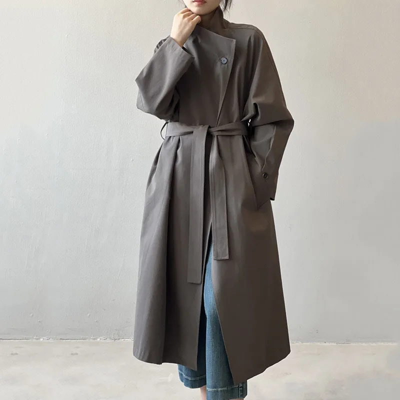 HKSH Frühling Herbst Neue Frauen Lange Trenchcoat Stehkragen Einzigen Taste Einfarbig Koreanische Elegante Casual Jacke Trendy HK11631