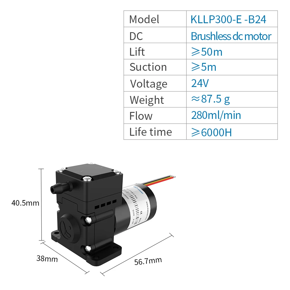 Imagem -06 - Bomba Líquida de Diafragma de Baixo Fluxo Kamoer Kllp300 Motor dc Brushless 6000h Sucção Lift 5m com Diafragma Epdm 12v 24v 6000h