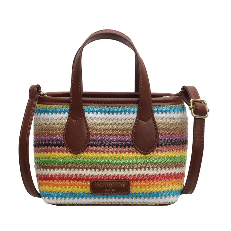 

Beach Vacation Bag For Women New Color Striped Crossbody Bag Commuting Woven Straw Woven Hand-held Bucket Bag Women's Handbag