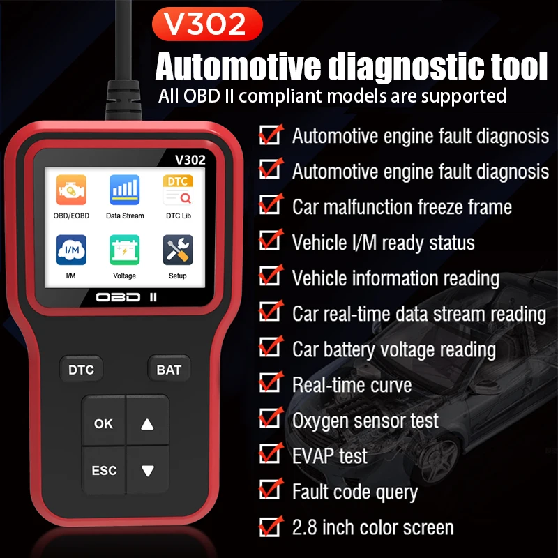 

Car OBD2 Scanner Diagnostic Tool Code Reader Charging Tester Diagnostic Tool V302 Car Voltage Tester Engine Fault Code Scanner