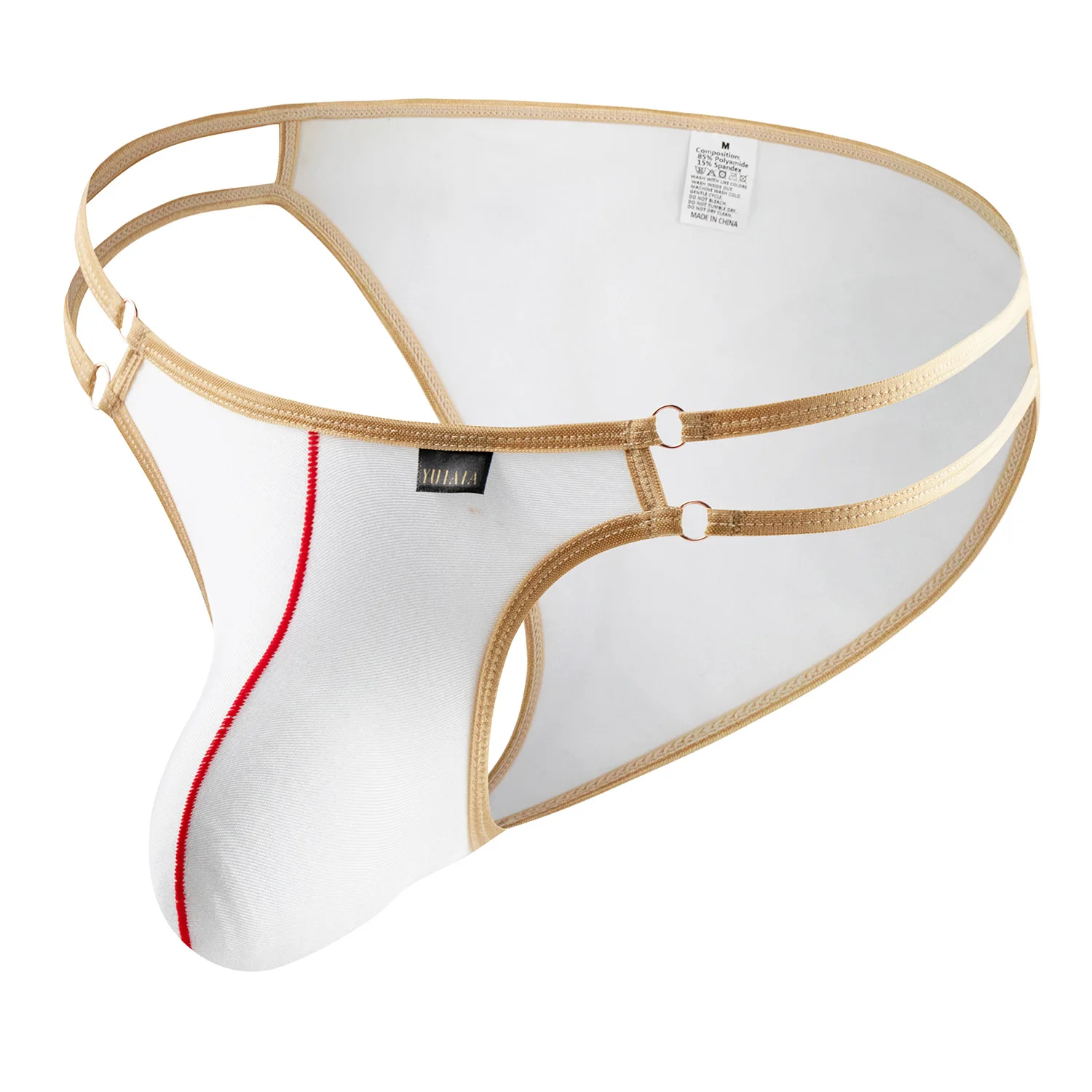 Men's Sexy Low-Rise Thongs High Elastic Smooth U-Convex Pouch High Fork Tangas with Golden Trim Underwear Gays Erotic Underpants