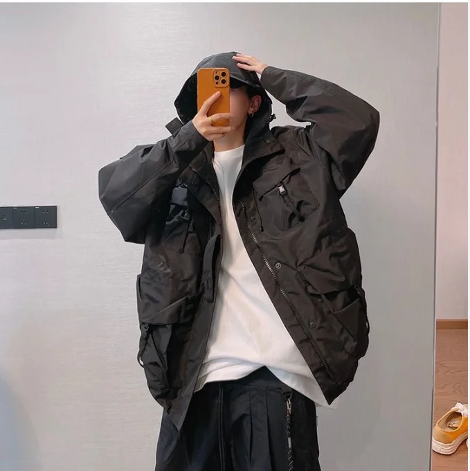 Autumn Winter Retro  Multi-pocket Waterproof Jacket American Tooling Windproof Hooded Jackets Male Clothes