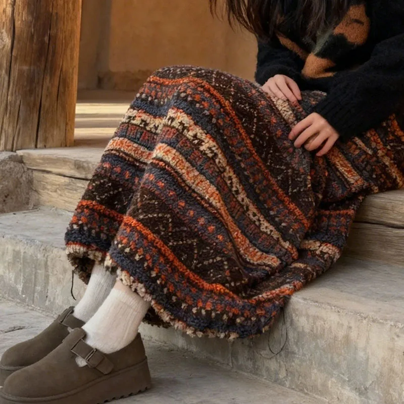 الخريف والشتاء جديد القطبية الصوف التنانير النساء خمر مخطط كتلة اللون تنورة طويلة للمرأة Y2K موضة فضفاضة ميدي التنانير #4