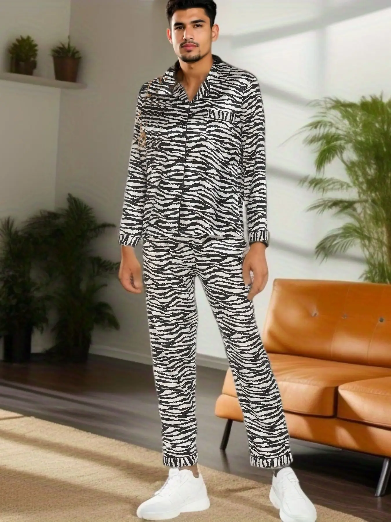 Neue Frühling Sommer Männer 2 Stück Pyjamas Set Print Seide Satin Nachtwäsche Langarm Pyjamas Anzug lose lässige Wohn kleidung Lounge wear