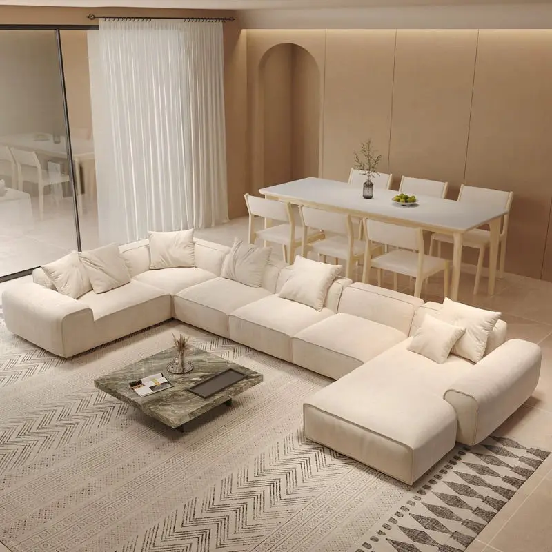 Straight Row U-shaped Sofa Large Combination Matte Cloth Corner Large Apartment  Living Room Wabi  Style Sofa