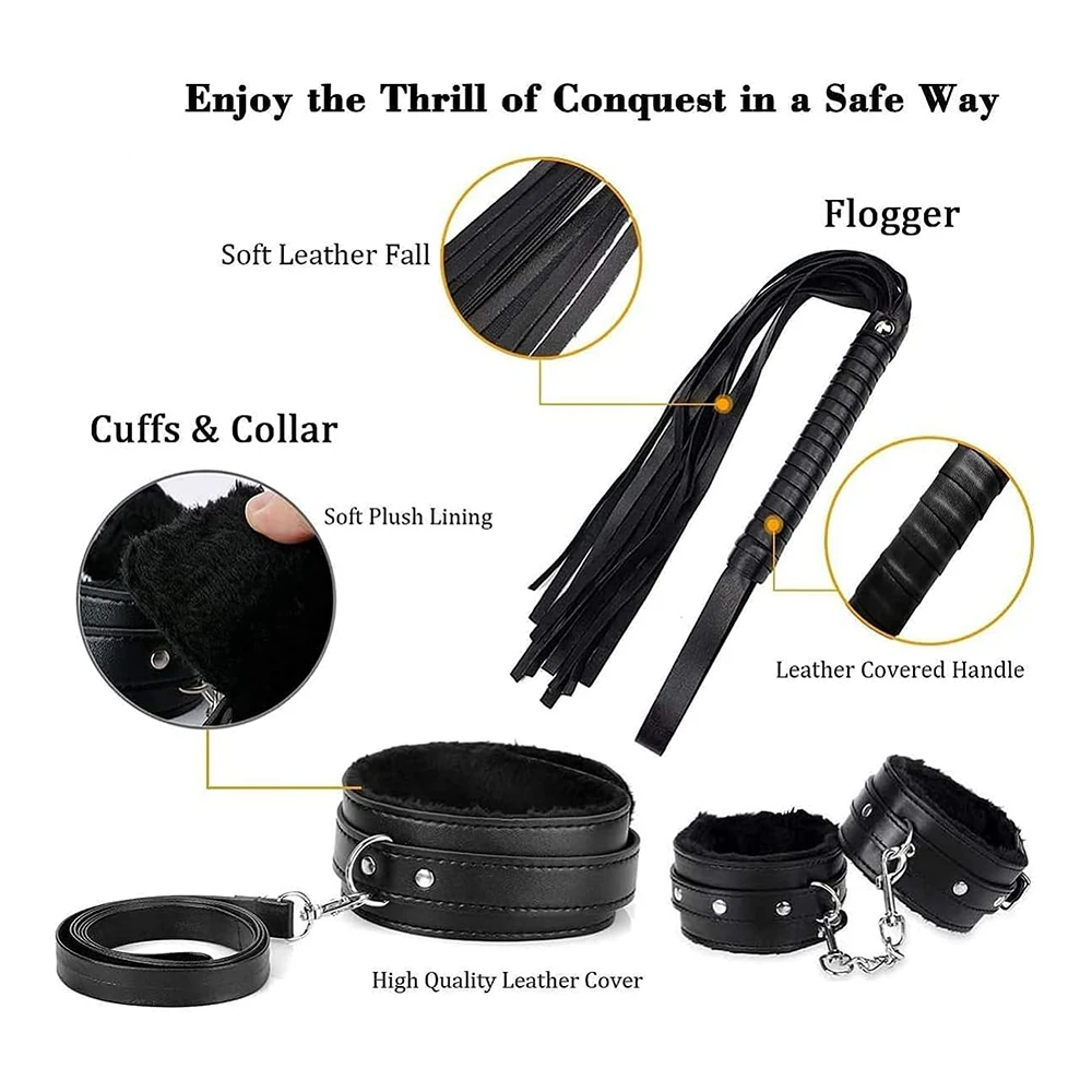 11pcs Plush Leather Handcuff BDSM Sexual Collar Blindfold Set Couple Clamps Harness Sadomasochism Black String Whip Bondage Kit