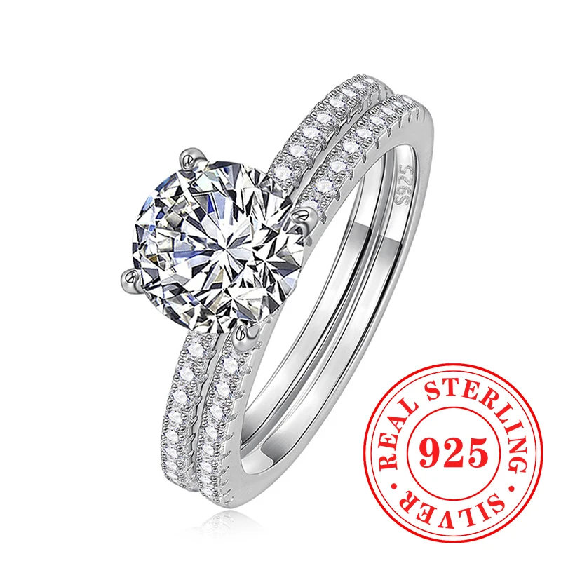 

Huitan Brilliant 2Pcs Wedding Rings for Women 925 Sterling Silver Shiny CZ Finger Accessories Trendy Luxury Opulent Jewelry Set