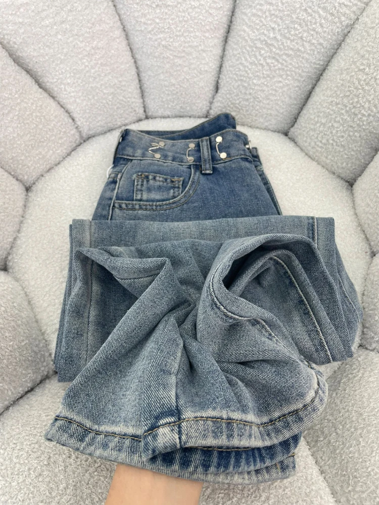 

Регулируемый дизайн, широкие джинсовые джинсы, женские прямые брюки длиной до пола с высокой талией, летние модные брюки против морщин