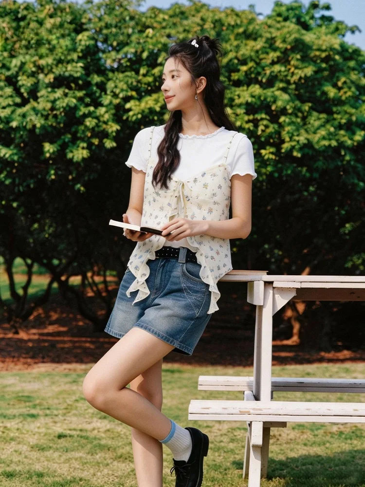 

Semir Summer Floral Lace Short Sleeve T-Shirt Set Women's Sweet Retro Two-Piece Suit Casual Style Cotton round Neck Top