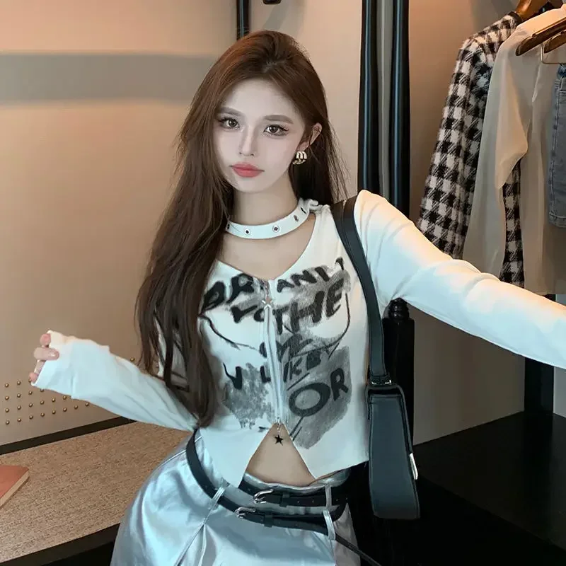 تي شيرت نسائي مثير بفتحات رقبة دائرية تي شيرت نسائي للخريف فاسق مثير للفتيات بأكمام طويلة تي شيرت Ulzzang بسحّاب أنيق Y2k قطع علوية قصيرة ملابس خروج جديدة