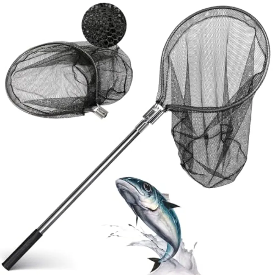 

Heavy Duty Extra Large Rubber Fishing Net - Aluminum Telescoping Handle 67-100in 20in Net Opening for Saltwater Fishing