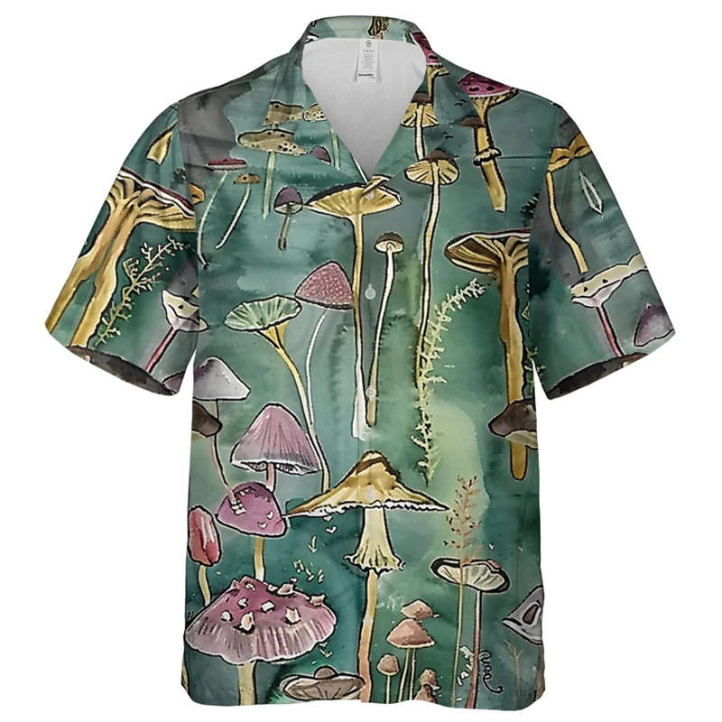 Kemeja Hawaii motif 3D jamur warna-warni untuk pria, blus Aloha jalan lengan pendek dengan kancing tanaman liburan musim panas