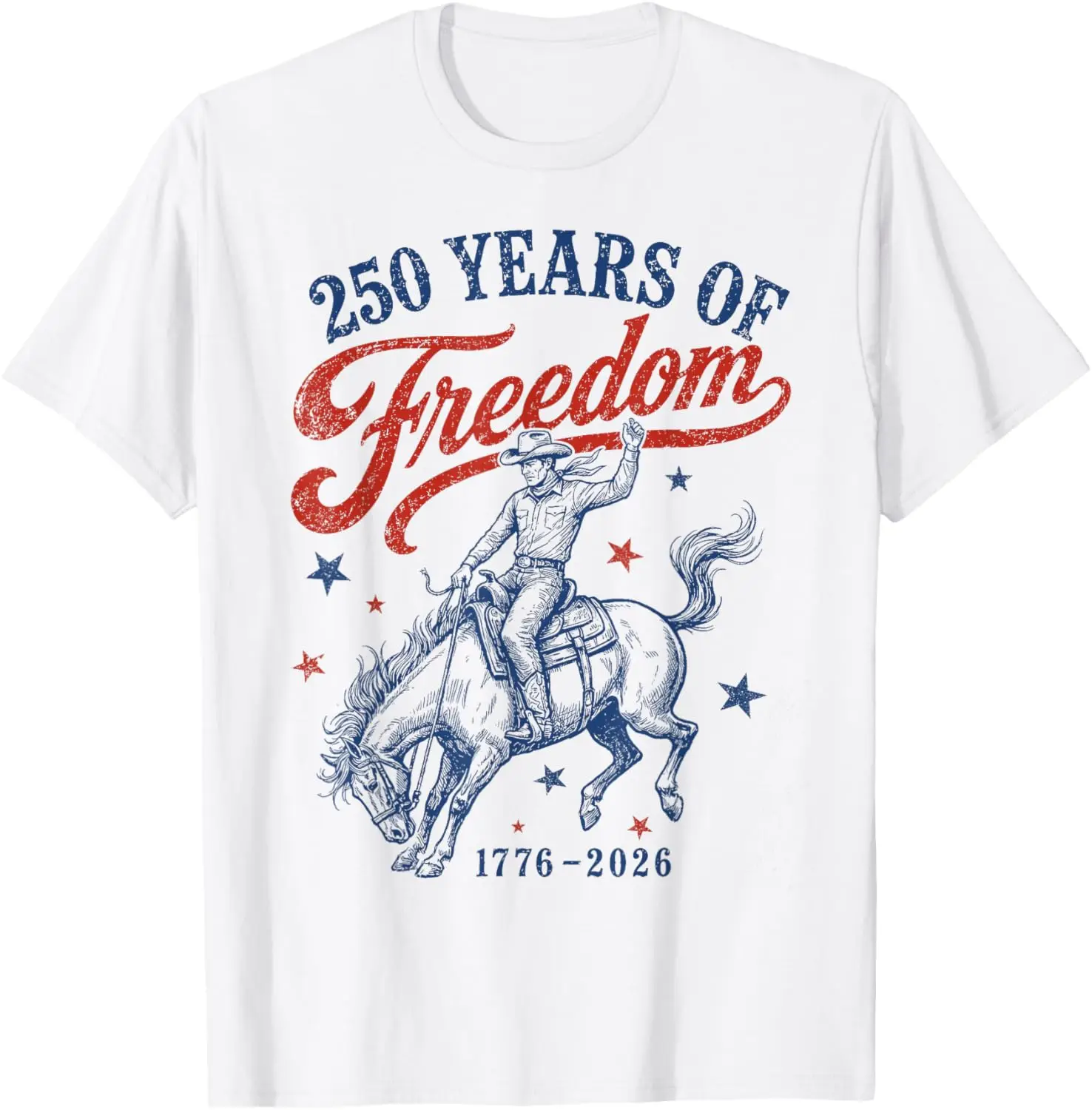 Western Rodeo Cowboy 250 Years Of Freedom Patriotic July 4Th T-Shirt 100% Cotton Trendy Y2K Short-Sleeve Tee-Soft, Quick-Drying,