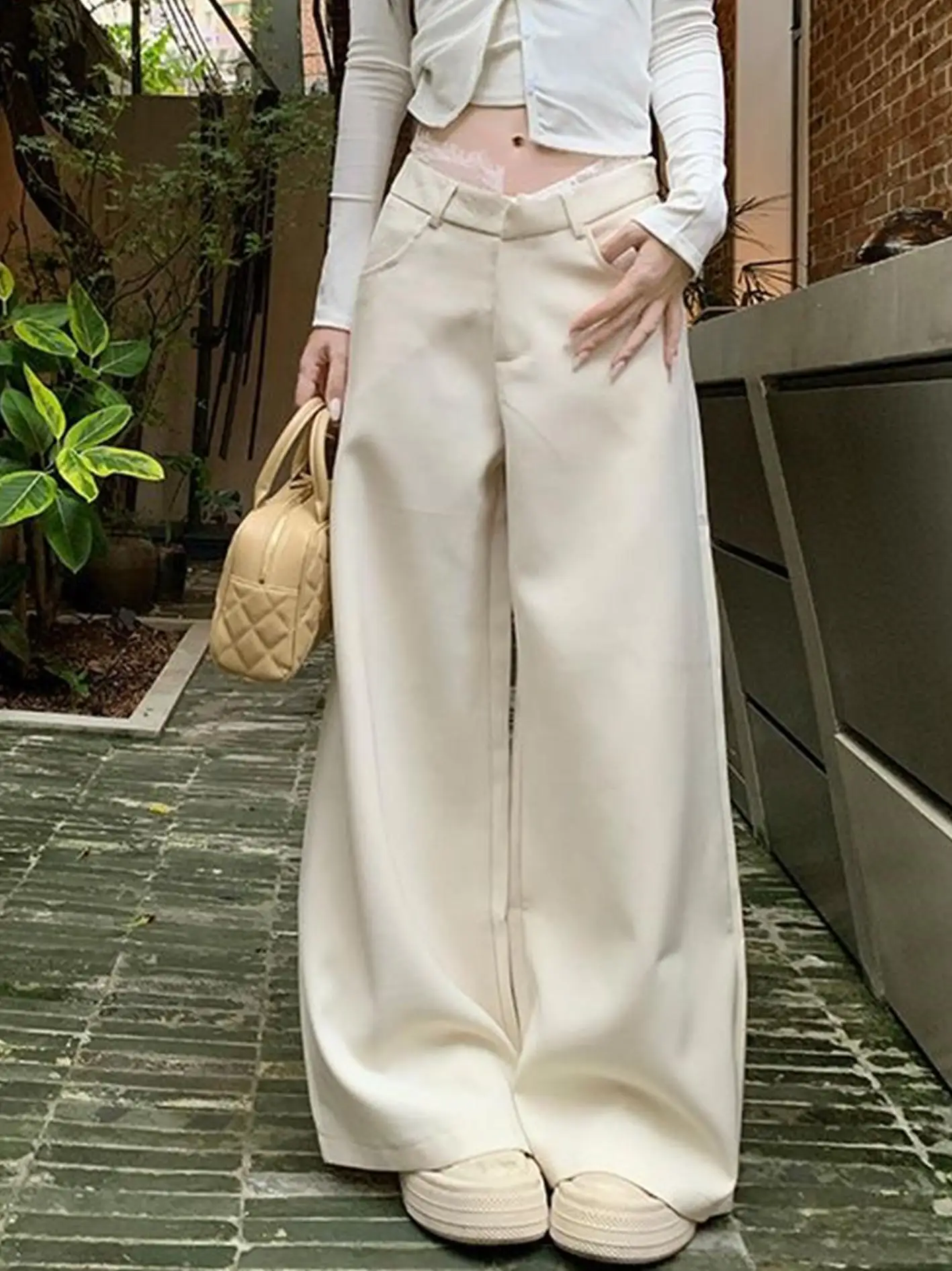 

Women's Chic Lace Patchwork Waist Wide Leg Full Length Pants Lady Summer Autumn Streetwear Loose Straight Long Pants