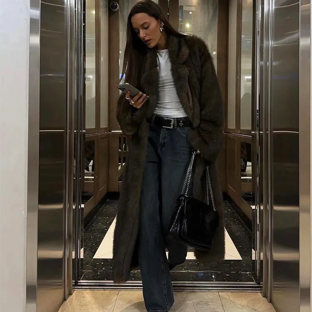 Tuularose Vintage Solid Women Faux Fur Coat Fashion Full Sleeve Cardigan Warm Fluffy Plush Overcoat Winter Lady Street Outerwear