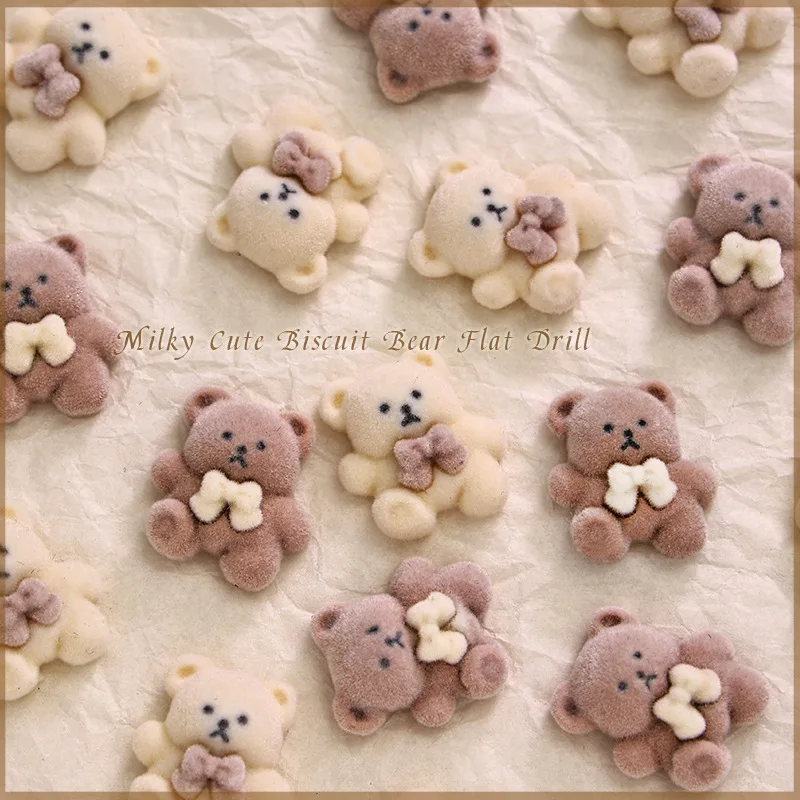 6PCS Vivid Plush Lovely Velvet Bear Cream White Brown Cute Biscuit Animal Pet Nail Art Rhinestones Decorations Manicure Charms