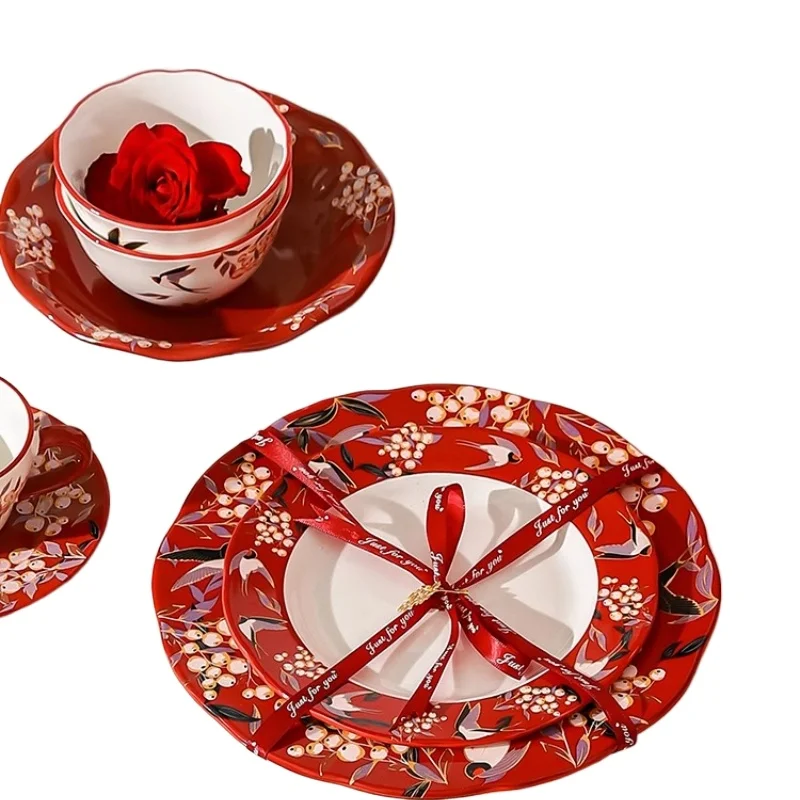 

Wedding tableware gift box, red bowls, chopsticks, dishes set, engagement and wedding gift tableware set, exquisite household us
