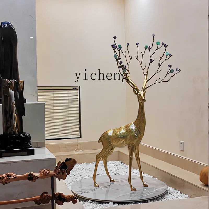 XL large floor-to-ceiling gold copper deer ornament villa living room indoor entrance high-end handicrafts