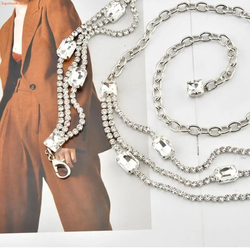Q5WE Delicate Rhinestones Decors Waist Chain Cincher Chain Belt For Women Formal Event Fashion Body Jewelry for Party Dress