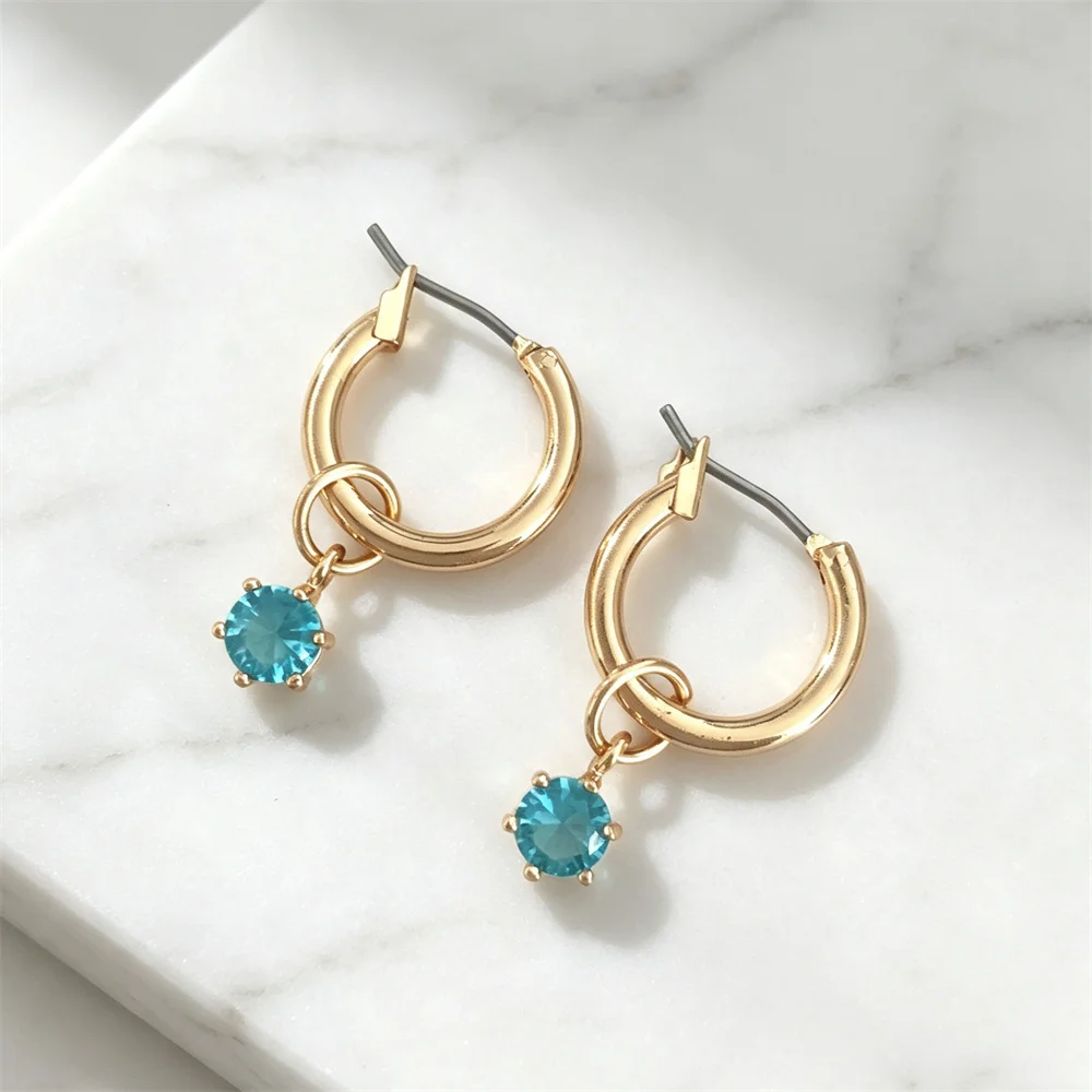 Classic Gold Color Plating Sky Blue Round Zircon Paving Charm Hoop Earrings For Women Girl Elegant Gorgeous Fashion Jewelry