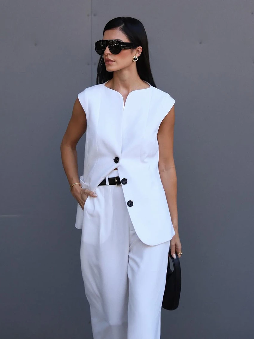 Marthaqiqi Summer Female Pajama Suit Sexy V-Neck Sleepwear Sleeveless Nightgown Wide Leg Pants White Fashion Women Nightwear Set