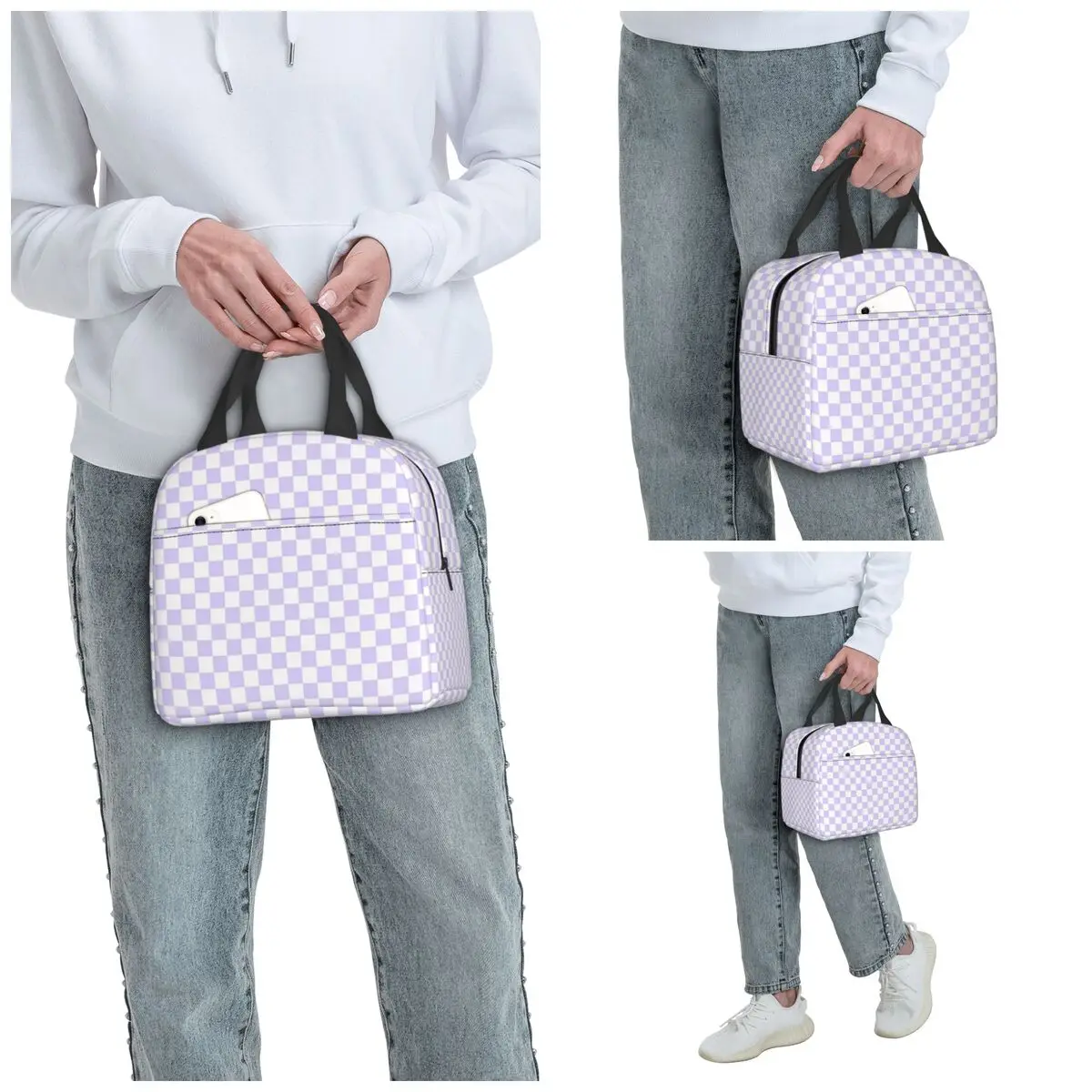 White And Pale Lavender Violet Checkerboard Insulated Lunch Bag for Women Office Cooler Thermal Food Box Leakproof Lunch Boxes