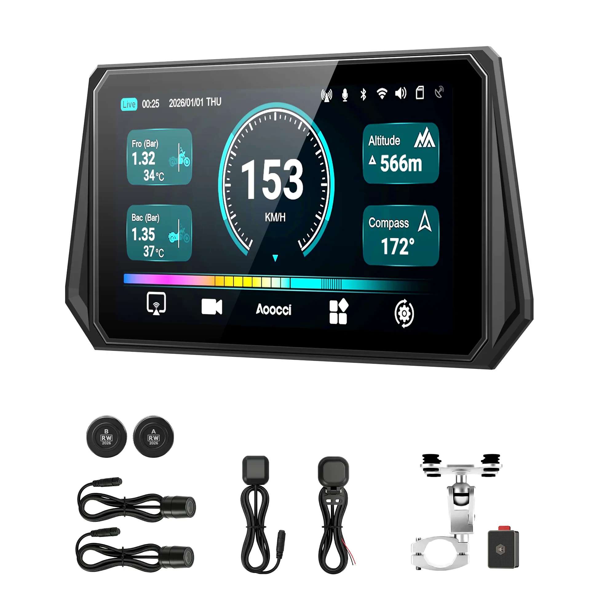 Aoocci D6A All in One Smart Display Blind Spot Safety System with 2K Dual Dashcam & Wireless CarPlay Motorcycle GPS Navigation