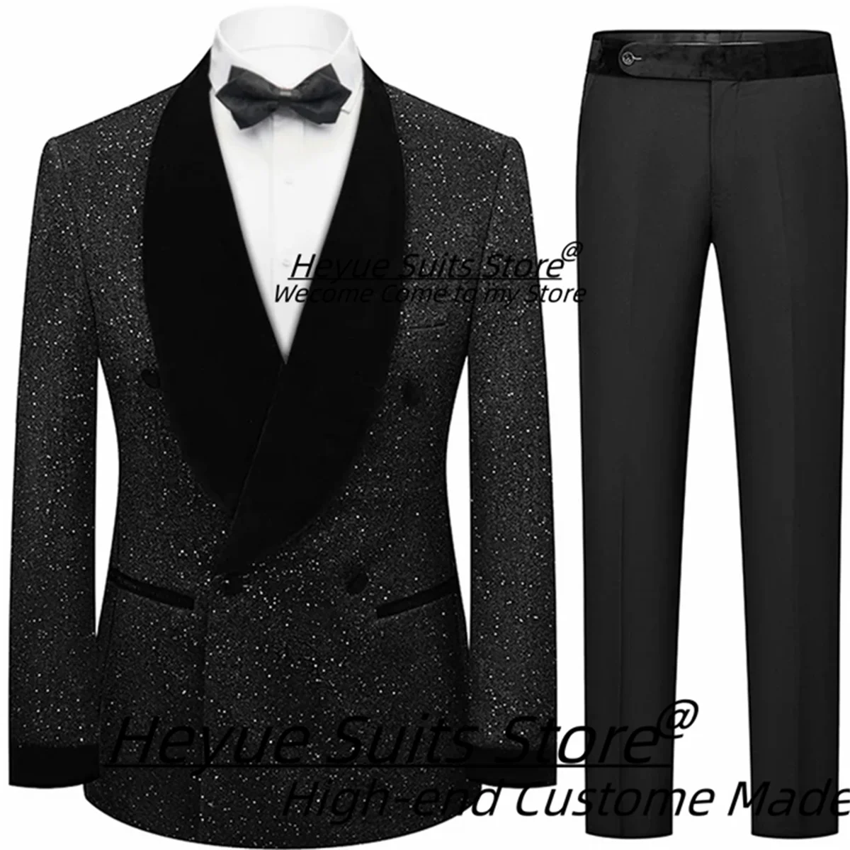 

Shiny Starry Black Smoking Men Suit Customized Slim Fit Shawl Lapel Groom Wedding Tuxedos2Pcs Sets Male Prom Blazers Ropa Hombre