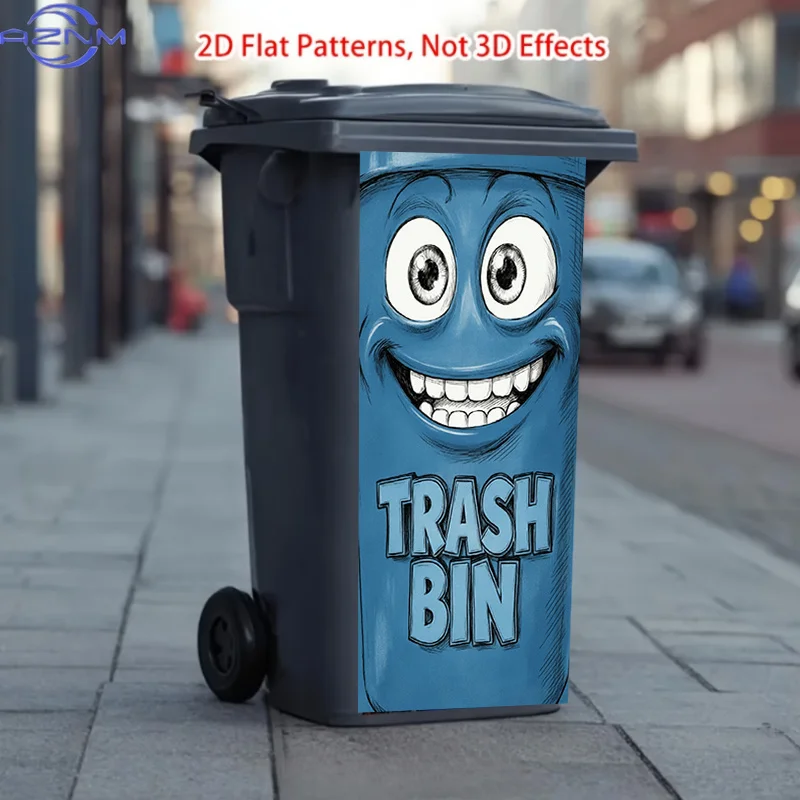 2D Flat Trash Can Sticker, Blue Smiley Face Trash Can Design, Self-Adhesive Outdoor Trash Can Decoration, Suitable for Courtya