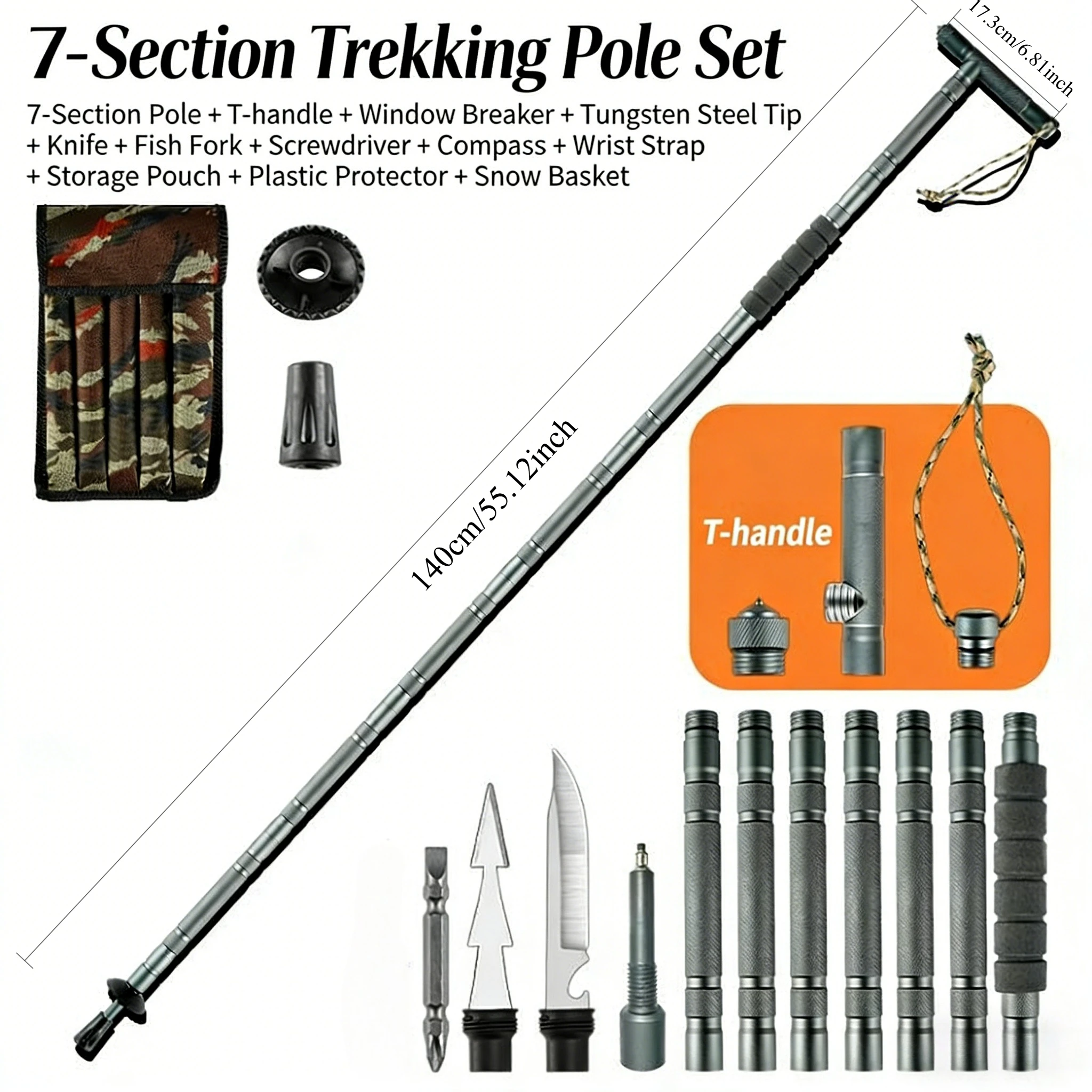 Opvouwbare trekkingstok, zware aluminiumlegering, antislip T-handvat, multifunctionele wandel- en trekkingstok voor kamperen