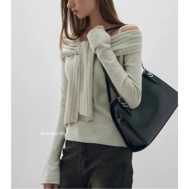 

Off-shoulder Pleated Lace-up Sexy Long Sleeve Sweater Women 2025 Winter New High Street Fashion All-match Knitted Tops