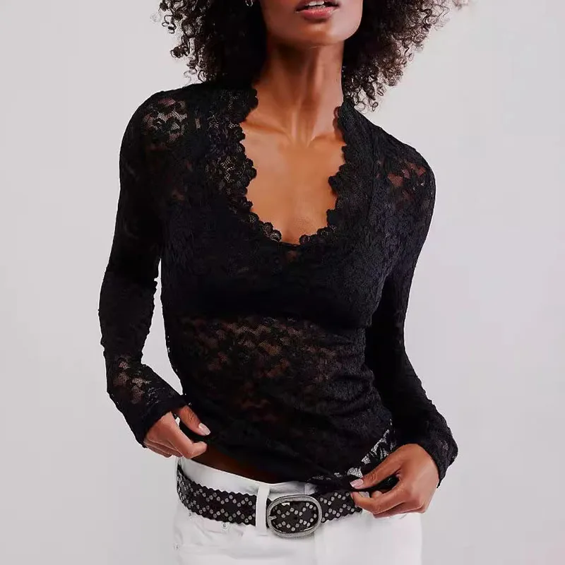

Женские кружевные лоскутные футболки с вырезами, весна-лето, женские сексуальные тонкие пуловеры, футболки с длинным рукавом и v-образным вырезом, женские шикарные прозрачные топы