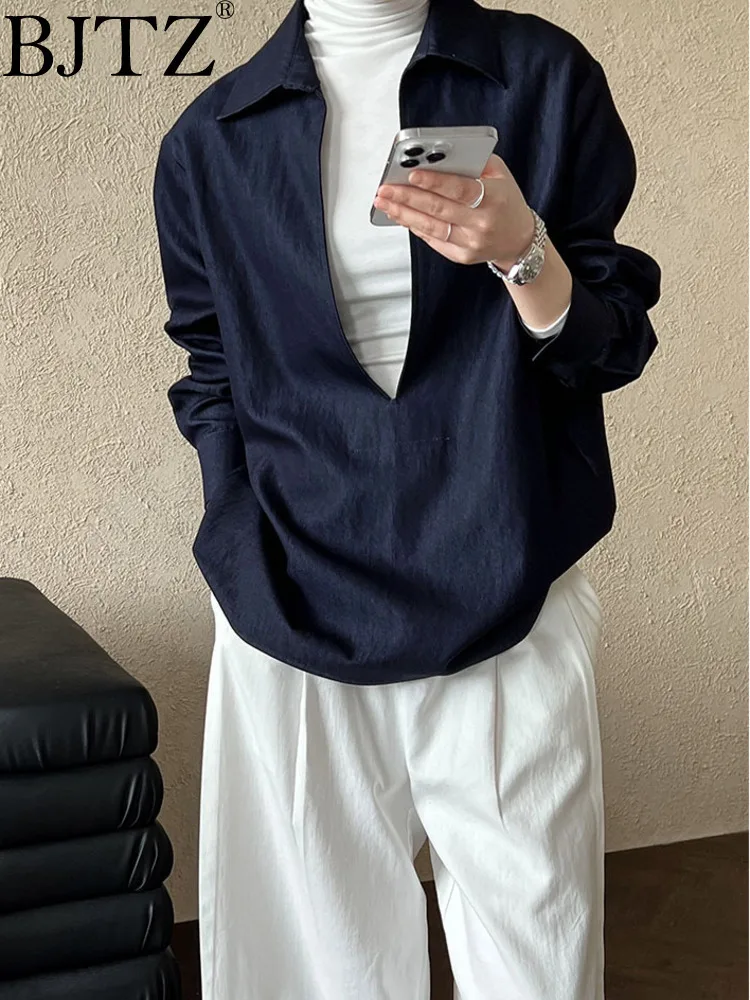 

BJTZ Casual Versatile V-neck Shirt & Blouse Women's Fashionable Imitation Denim Outer Top 2025 Spring Summer New Trendy