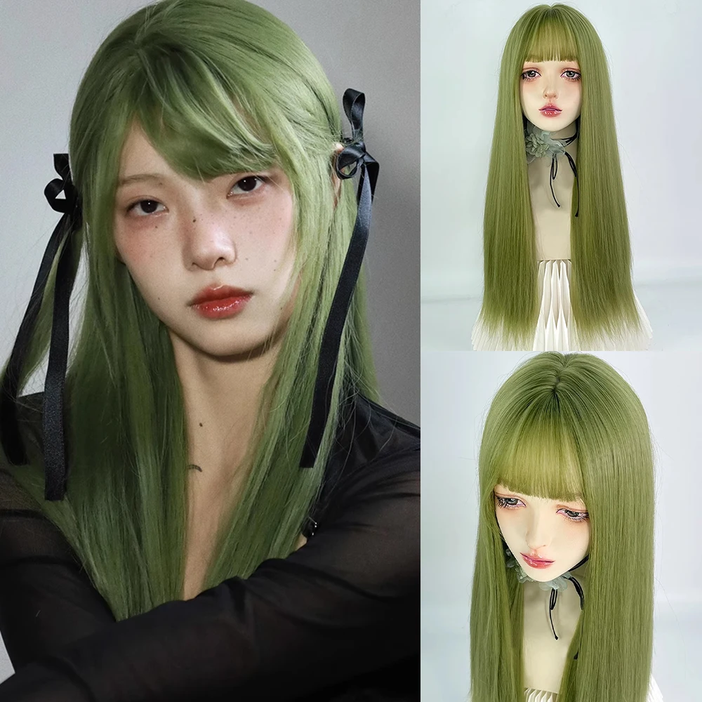 

GAKA Green Long Straight Synthetic Women Wig with Bangs Lolita Cosplay Fluffy Hair Heat Resistant Wig for Daily Party