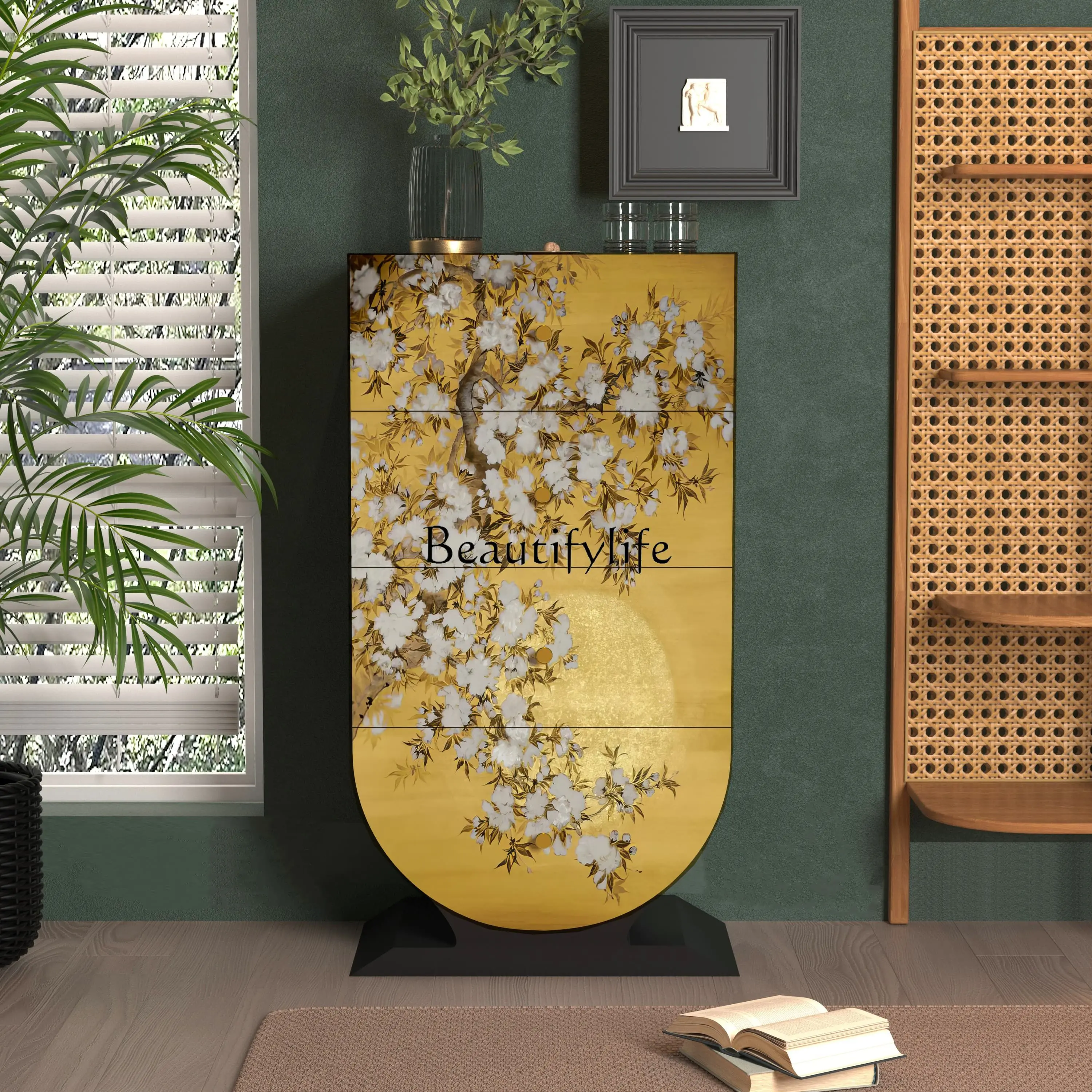 

Chinese flower and bird painted solid wood four-chest cabinet living room homestay wall locker