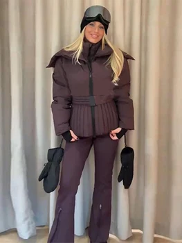 Women’s Ski Parka Coat 2 Ski Parkas Coat Jacket Women Zipper Belts Thicken 2025 Winter Skiing Cotton Lapel Snow Female Skiwear Outdoor Street Outwear Top 2
