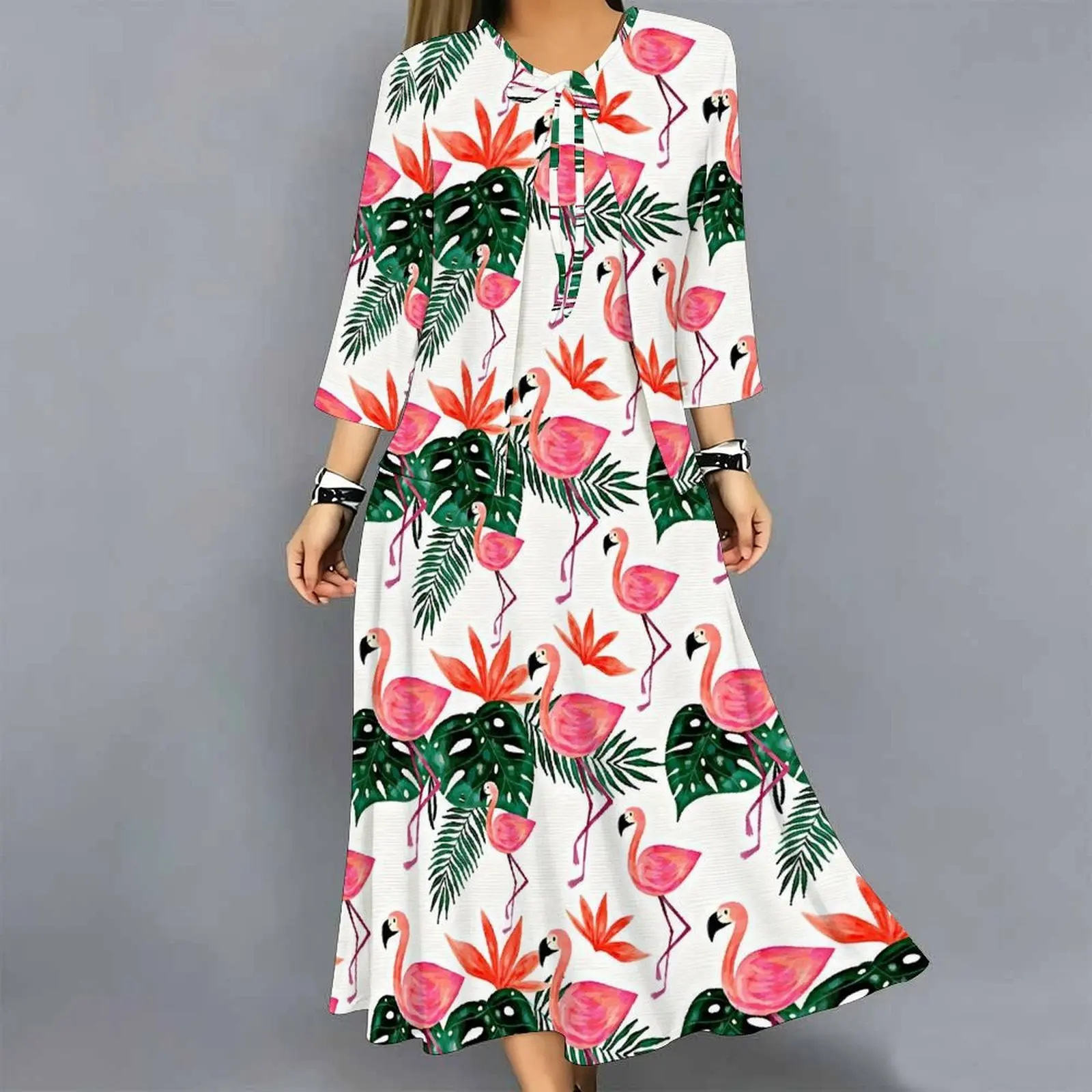 Women 2 Piece Dress Set Print 3/4 Sleeve Cardigan and Midi Dress Loose Casual Vacation Ladies Outfit