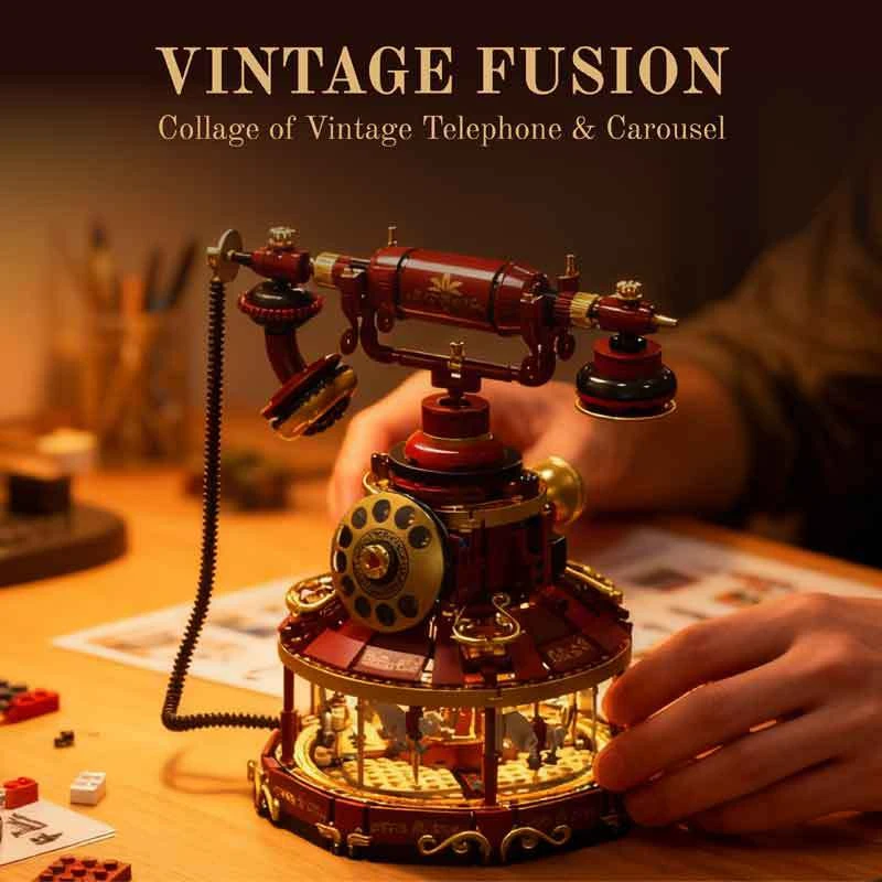 1130PCS Vintage Rotary Phone Building Blocks Set, with Merry-go-round Retro Desktop Decor Creative Decoration Puzzle Display Toy
