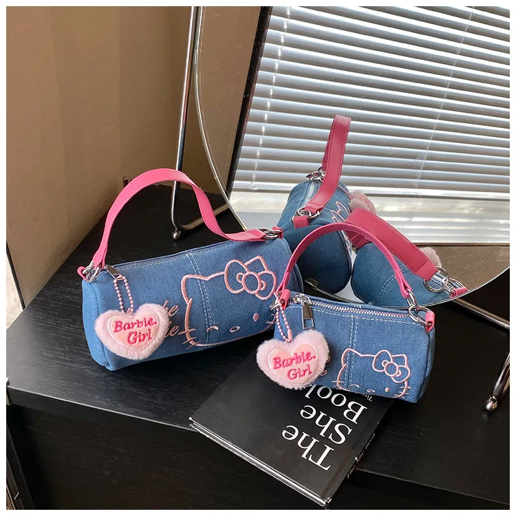 

Сумка-кроссбоди Sanrio Hello Kitty из денима, мини-сумочка через плечо, держатель для помады, милая аниме-сумочка-цилиндр с вышивкой для девочек, подарки