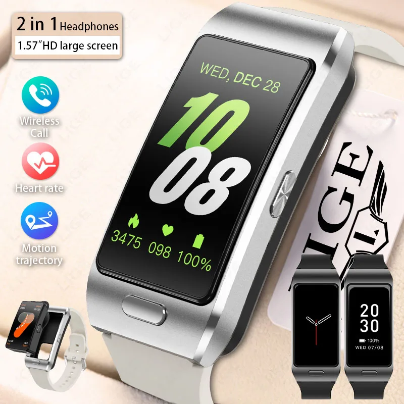 

LIGE ECG Health Monitoring Smartband for iOS Android Women Smart Watch with Earbud Always Show Time BluetoothCall Smartwatch Men