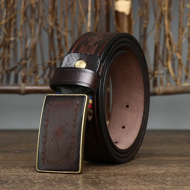 

Retro Laser Carved Patterns, Trendy Handmade Smooth Buckle Belt, Men's Board Buckle Genuine Leather, Pure Cowhide Denim Belt