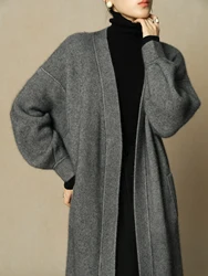 DUSHU 19.5% Wool Plus Size Long Knitted Cardigan For Women 2024 New Design Loose Lazy Style Knitted Grey Coffee Coat 24DH84032