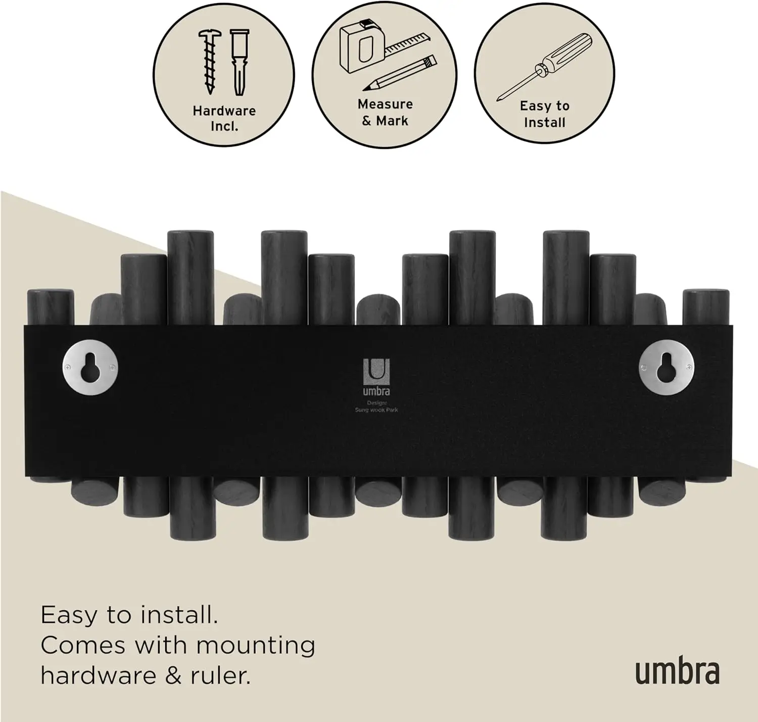 Wall-Mounted Coat Rack with 5 Retractable Wood Pegs - Modern Space-Saving Storage Organizer in Black