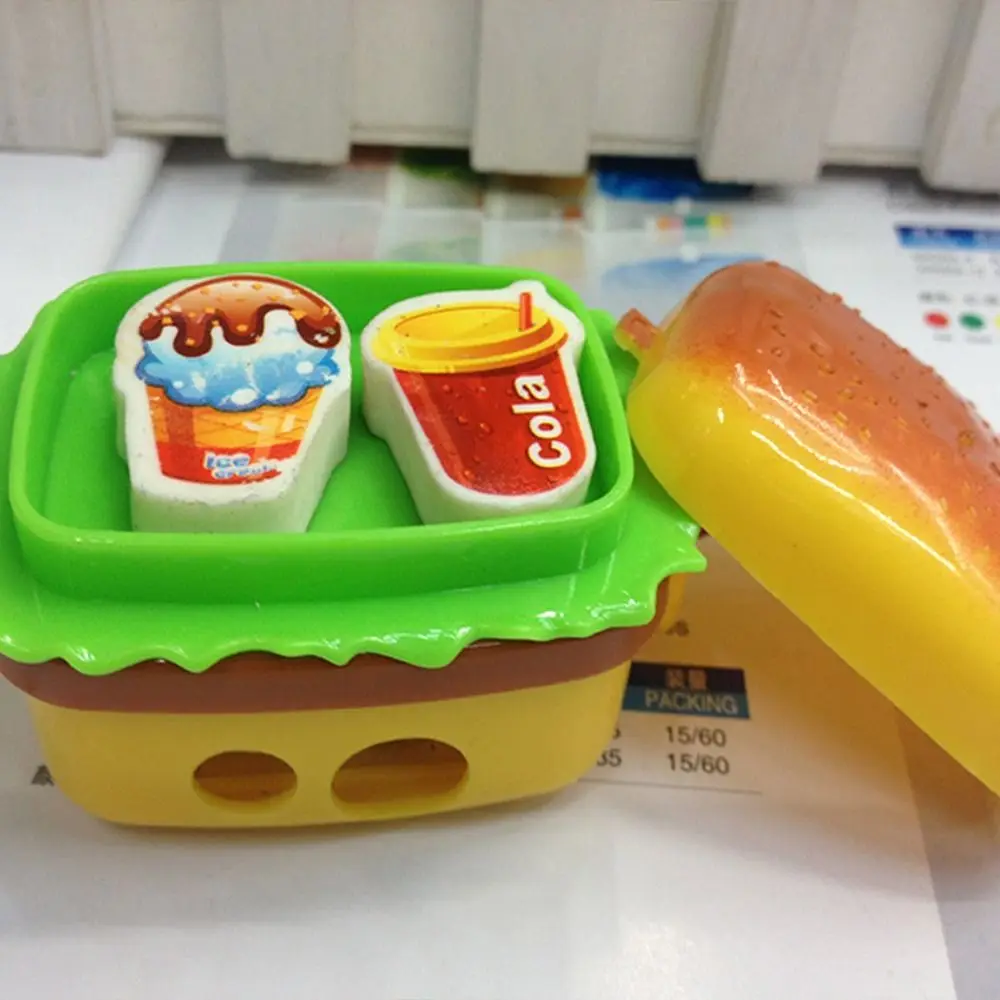 Funny With Two Erasers Hamburger Pencil Sharpener Sketching Drawing Pencil Cutting Tools 2 in1 Writing Rewards Gift